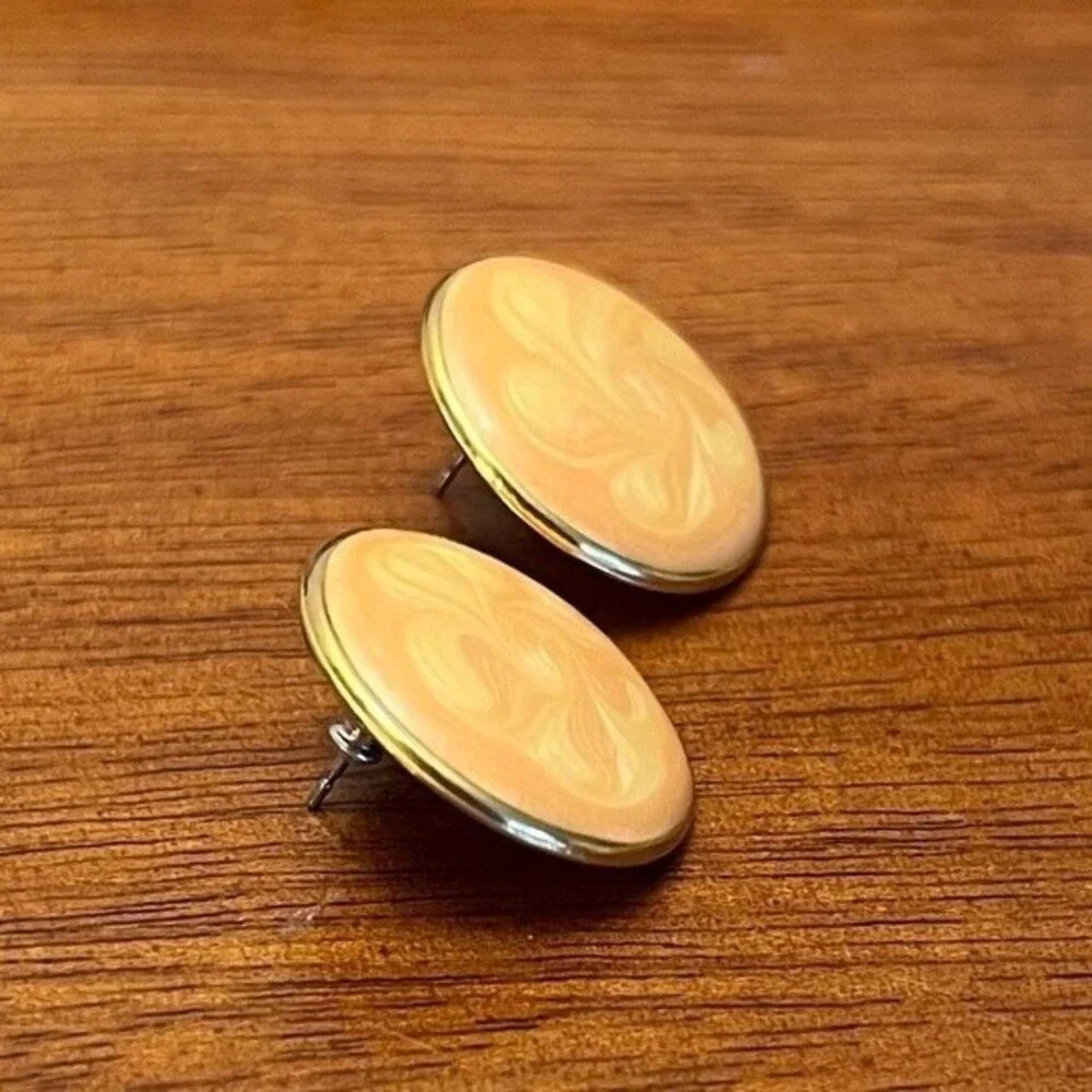 80s Vintage Button Earrings Orange Cream Swirl Circle Studs